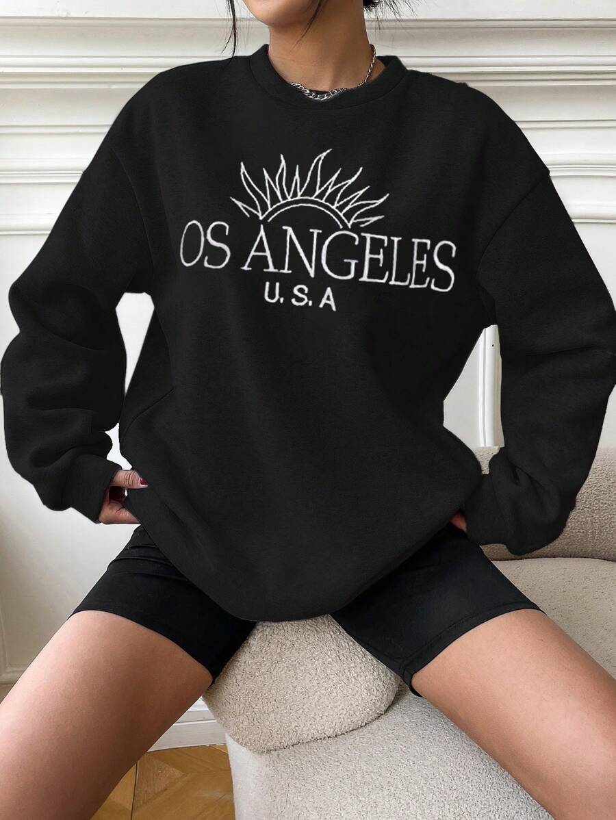 SHEIN EZwear 休閒刺綉字母女士衛衣 - 黑色 - 查看 1