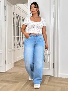 Solflare Plus Ditsy Floral Print Lettuce Trim Crop Tee, Summer