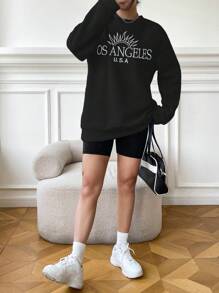 SHEIN EZwear 休閒刺綉字母女士衛衣 - 黑色 - 查看 4