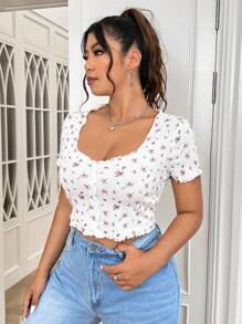 Solflare Plus Ditsy Floral Print Lettuce Trim Crop Tee, Summer