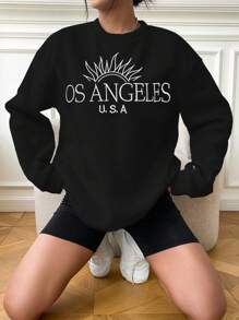 SHEIN EZwear 休閒刺綉字母女士衛衣 - 黑色 - 查看 6