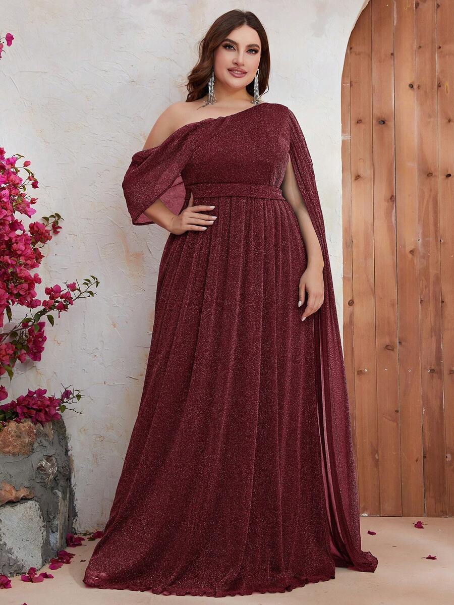 YISIKADO Plus Asymmetrical Neck Formal Dress - Burgundy - View 1