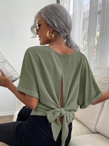 SHEIN Essnce Tie Back Batwing Sleeve Waffle Knit Tee - Army Green - View 1
