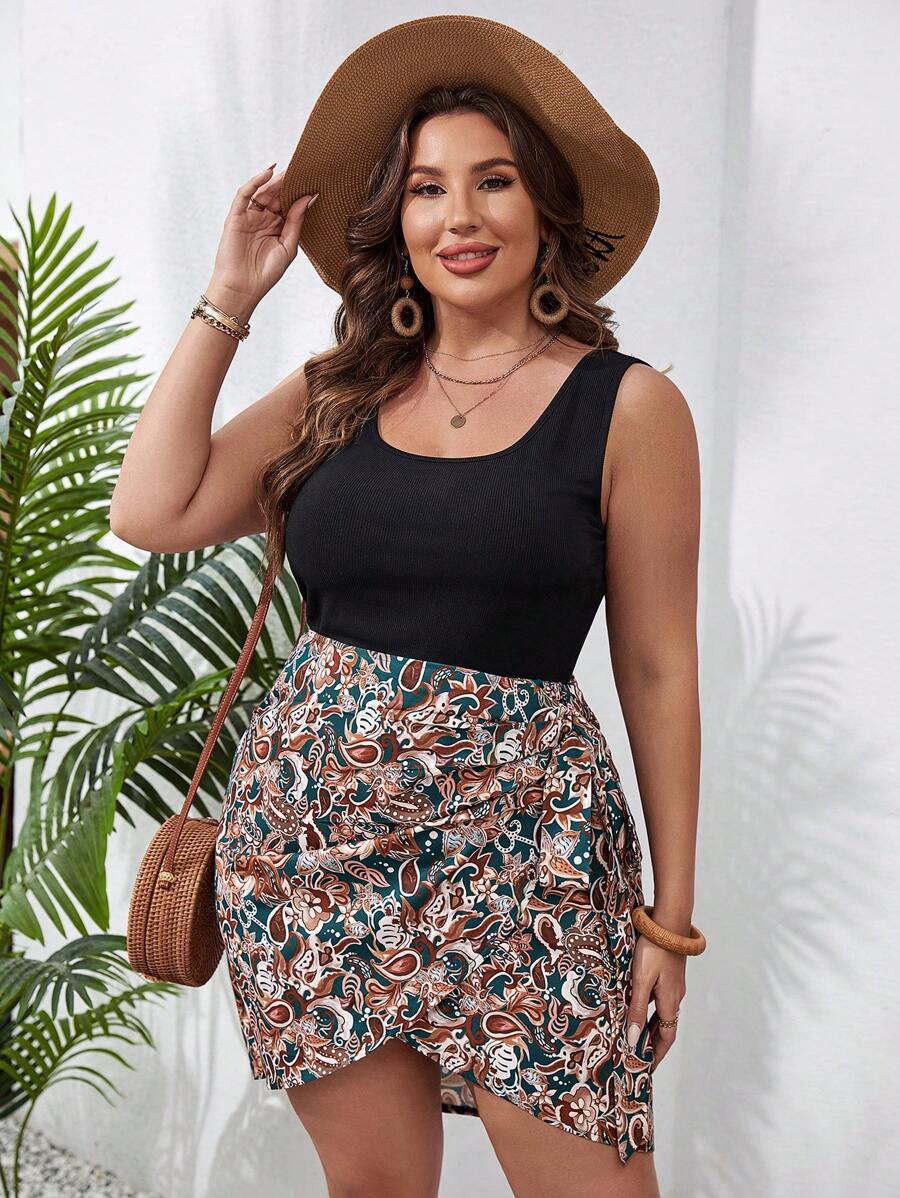 SHEIN VCAY Paisley印花加大碼裸色knot側綁裙擺夏季連衣裙 - 黑色 - 查看 1