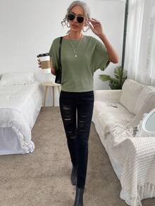 SHEIN Essnce Tie Back Batwing Sleeve Waffle Knit Tee - Army Green - View 2