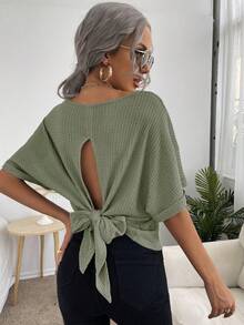 SHEIN Essnce Tie Back Batwing Sleeve Waffle Knit Tee - Army Green - View 3