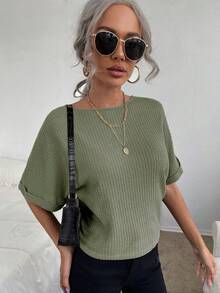 SHEIN Essnce Tie Back Batwing Sleeve Waffle Knit Tee - Army Green - View 4