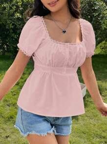 SHEIN MOD 方領蕾絲邊泡泡袖荷葉邊下擺襯衫