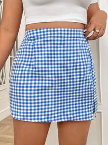 SHEIN MOD Plus Gingham Print Split Hem Skort - Blue and White - View 3