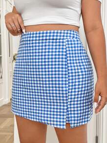 SHEIN MOD Plus Gingham Print Split Hem Skort - Blue and White - View 5