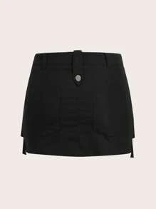 SHEIN ICON 翻蓋口袋半身裙不附腰帶 - 黑色 - 查看 2