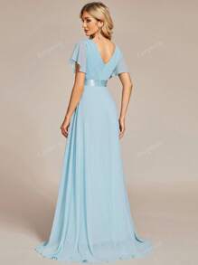 Elegant Spring V-Neck Ruched Butterfly Sleeve Light Blue Bridesmaid Dress Wedding Guest Dress For Wedding