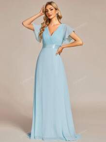 Elegant Spring V-Neck Ruched Butterfly Sleeve Light Blue Bridesmaid Dress Wedding Guest Dress For Wedding