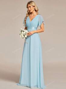 Elegant Spring V-Neck Ruched Butterfly Sleeve Light Blue Bridesmaid Dress Wedding Guest Dress For Wedding