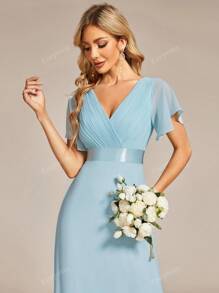 Elegant Spring V-Neck Ruched Butterfly Sleeve Light Blue Bridesmaid Dress Wedding Guest Dress For Wedding