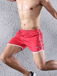 Men Letter Graphic Contrast Binding Sports Shorts - Red - View 1