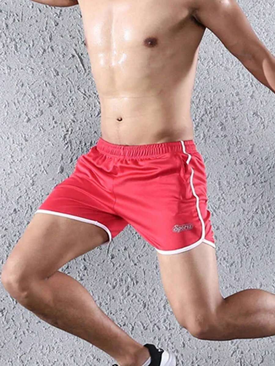 Men Letter Graphic Contrast Binding Sports Shorts - Red - View 1