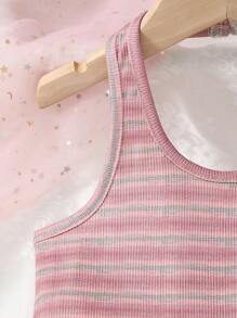 小女童條紋圖案下擺開叉掛脖洋裝 - 粉色 - 查看 7