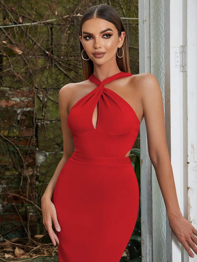 Robe fendue ajustée dos nu vintage minimaliste pour femmes, élégante pour les fêtes d'été, rouge - Rouge - Voir 3