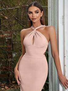 极简复古交叉露背修身开衩连衣裙（女款） - 淺粉色 - 查看 4