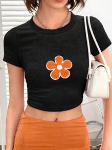 SHEIN MOD 花卉圖案貼布細節短款T恤 - 黑色 - 查看 1