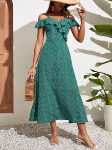 SHEIN VCAY Đầm Xù Thực vật Tất cả trên in Boho - màu xanh lá - Xem 1