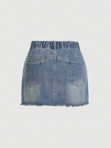 SHEIN EZwear Plus Asymmetrical Neck Raw Hem Denim Skirt - Light Wash - View 2