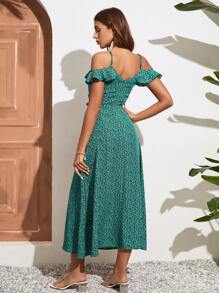 SHEIN VCAY Đầm Xù Thực vật Tất cả trên in Boho - màu xanh lá - Xem 2