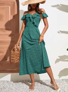 SHEIN VCAY Đầm Xù Thực vật Tất cả trên in Boho - màu xanh lá - Xem 3