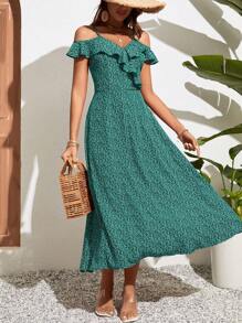 SHEIN VCAY Đầm Xù Thực vật Tất cả trên in Boho - màu xanh lá - Xem 5