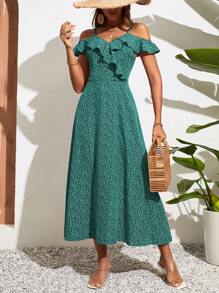 SHEIN VCAY Đầm Xù Thực vật Tất cả trên in Boho - màu xanh lá - Xem 6