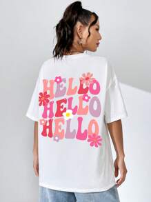 SHEIN EZwear 花卉和字母圖案落肩袖超大號T恤 - 白色 - 查看 1