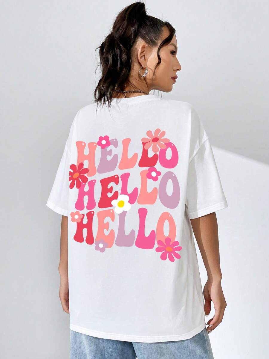 SHEIN EZwear 花卉和字母圖案落肩袖超大號T恤 - 白色 - 查看 1