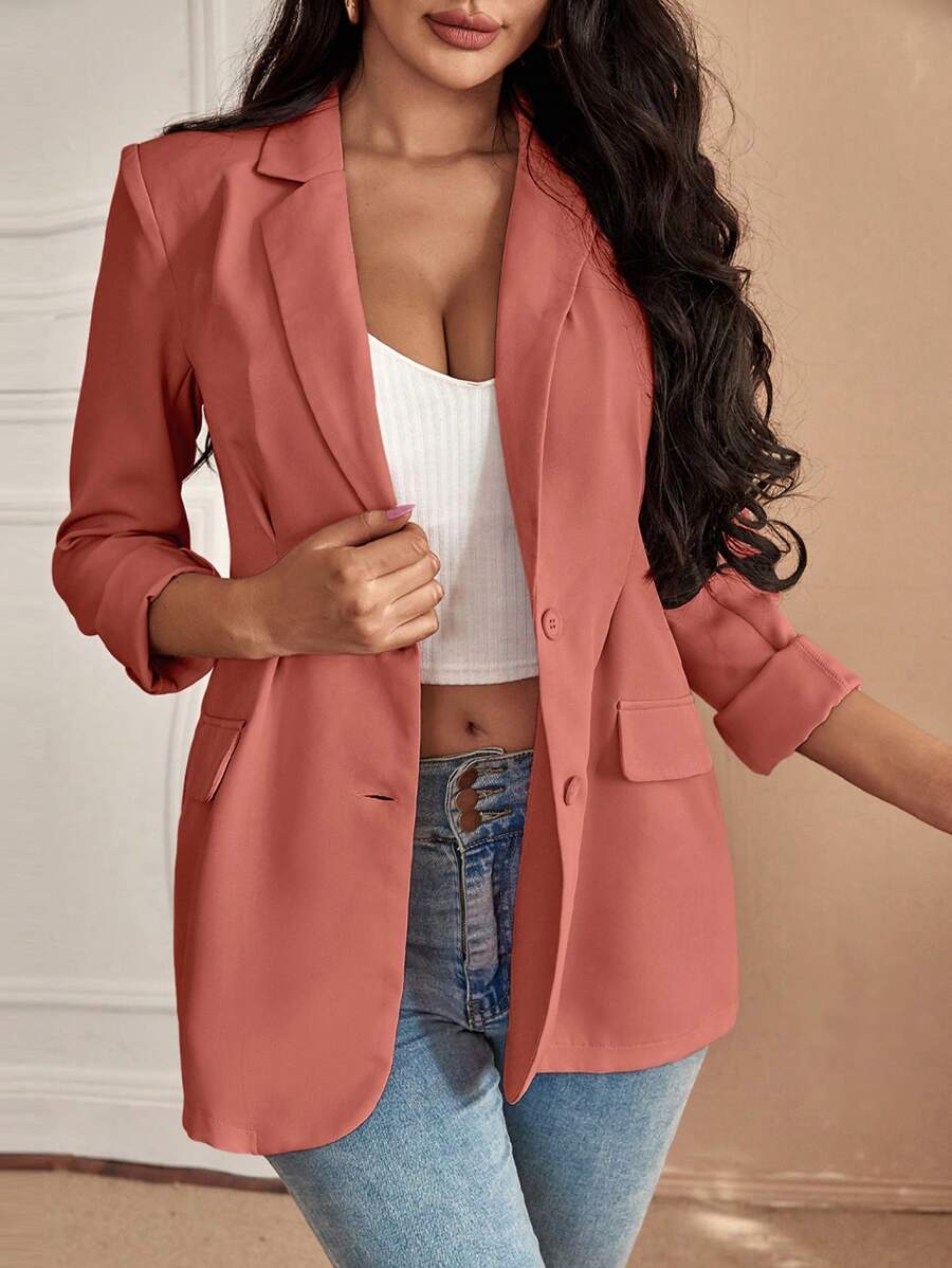 SHEIN SXY Áo khoác  âu phục nữ Nút phía trước màu trơn Thanh lịch - Màu hồng gỉ - Xem 1