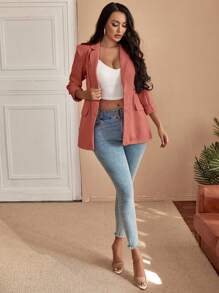 SHEIN SXY Áo khoác  âu phục nữ Nút phía trước màu trơn Thanh lịch - Màu hồng gỉ - Xem 3