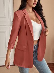 SHEIN SXY Áo khoác  âu phục nữ Nút phía trước màu trơn Thanh lịch - Màu hồng gỉ - Xem 4