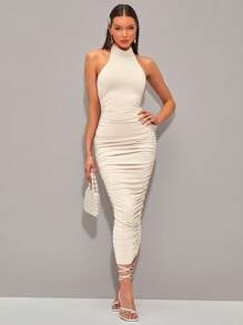 Silquee 素色褶邊繞頸緊身連衣裙 - 杏色 - 查看 1