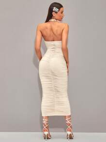 Silquee 素色褶邊繞頸緊身連衣裙 - 杏色 - 查看 2