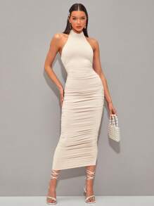 Silquee 素色褶邊繞頸緊身連衣裙 - 杏色 - 查看 4