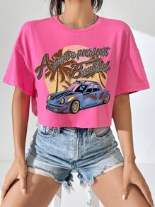 SHEIN EZwear 汽車和字母圖案落肩T恤 - 粉色 - 查看 1