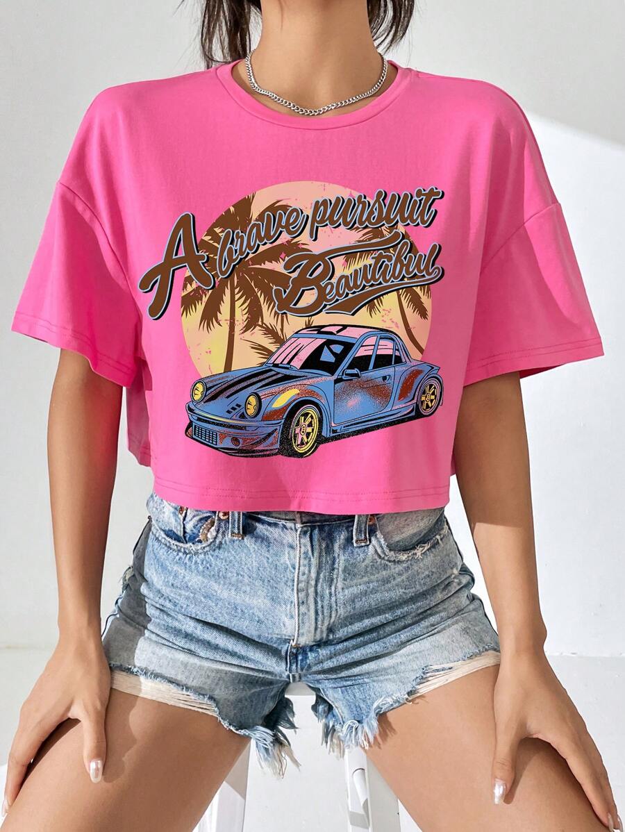 SHEIN EZwear 汽車和字母圖案落肩T恤 - 粉色 - 查看 1