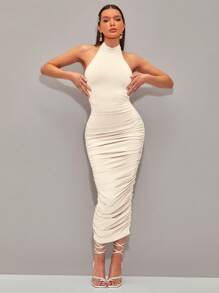 Silquee 素色褶邊繞頸緊身連衣裙 - 杏色 - 查看 5