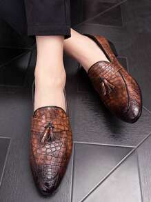 Men Lychee Grain Embossed Tassel Decor Dress Shoes, Vintage Brown Dress Loafers For Wedding - màu nâu - Xem 3