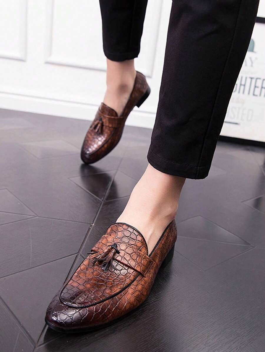 Men Lychee Grain Embossed Tassel Decor Dress Shoes, Vintage Brown Dress Loafers For Wedding - màu nâu - Xem 1