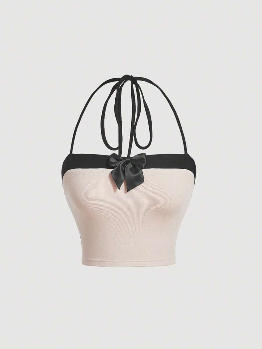 SHEIN MOD 拼接邊前蝴蝶結掛脖上衣 - 杏色 - 查看 1