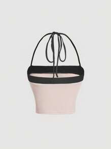 SHEIN MOD 拼接邊前蝴蝶結掛脖上衣 - 杏色 - 查看 2