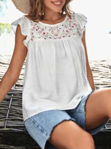 SHEIN LUNE Áo sơ mi nữ Nút Thêu Xù Hoa Dễ thương - trắng - Xem 3