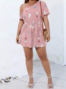 SHEIN Holidaya 大碼羽毛印花不對稱領腰帶連身短褲 - 藕粉色 - 查看 1