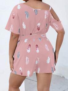 SHEIN Holidaya 大碼羽毛印花不對稱領腰帶連身短褲 - 藕粉色 - 查看 2
