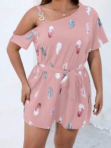 SHEIN Holidaya 大碼羽毛印花不對稱領腰帶連身短褲 - 藕粉色 - 查看 3